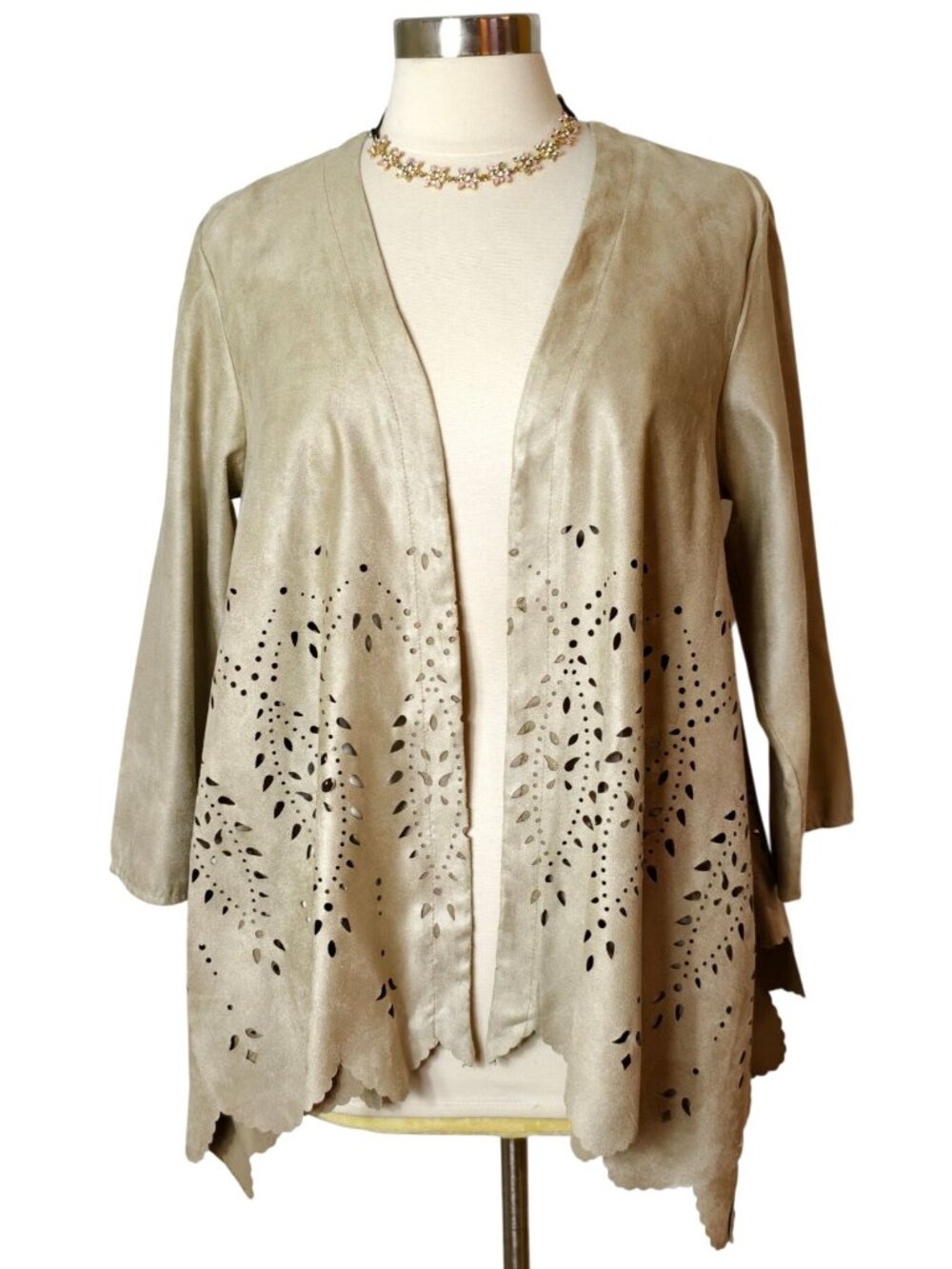 Kate and Mallory L Suede Cardigan Beige Boho Cutwork Open Scalloped Cowgirl